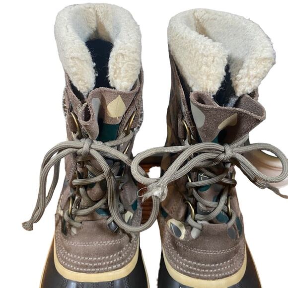 Sorel Pac Tan Graphic Lace Up Fur Trim Winter Snow Boots Women Sz 8 - Picture 12 of 15
